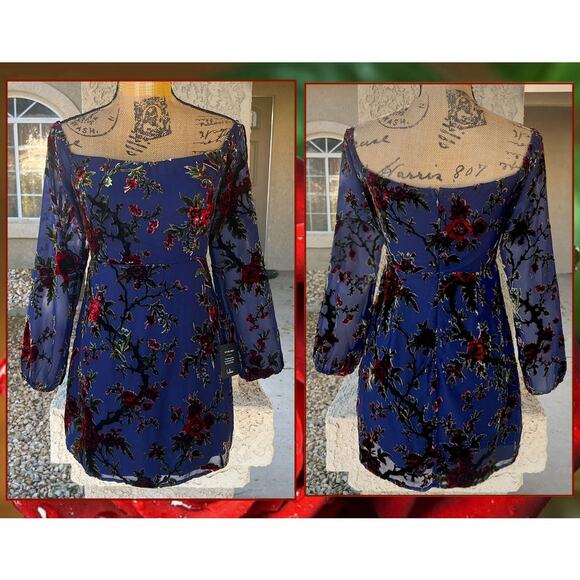 Lulus Magnificent Charm Navy Floral Burnout Velvet Off-the-Shoulder Dress Siz S - Picture 7 of 12